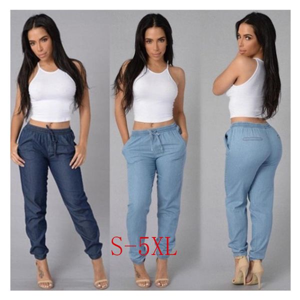 

women autumn casual plain pockets high elastic waisted long denim drawstring school dating travel trousers pencil jeans, Blue