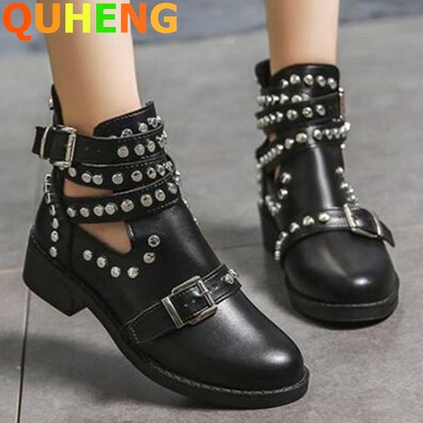 

women's boots 2020 spring autumn new rivet belt buckle decoration ankle boots casual low heel platform female short mujer, Black
