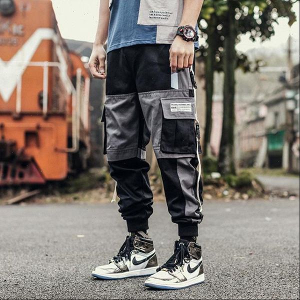 

sweatpants patchwork pockets cargo pants men white rib ankle tactical trousers male fashion casual off hip hop streetwear pants, Black