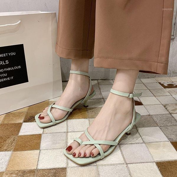 

sandals 2021 outdoor vacation clip toe women low heel cross band ankle buckle summer square high heels women1, Black