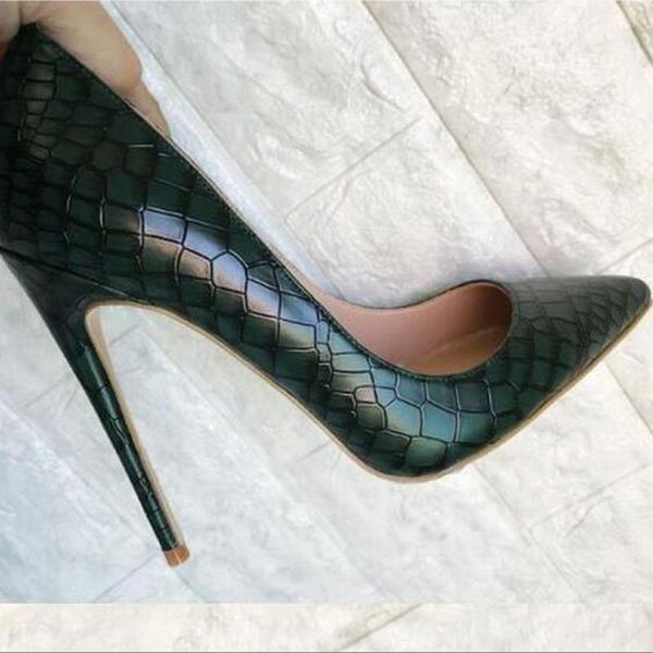 

dark green women's shoes stiletto heel stone grain high heel 12cm /10cm / 8cm tip pointed pumps shoes small size 33 34, Black