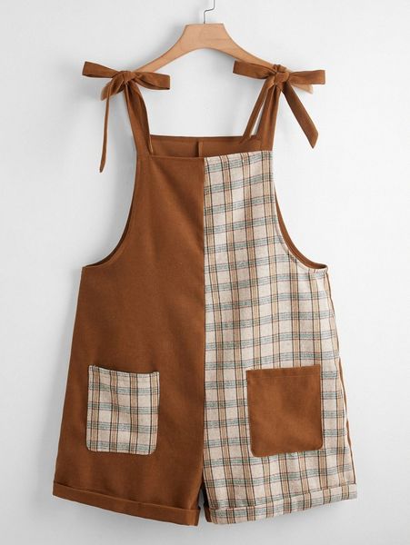 

plus plaid spliced dual pockets tie shoulder cami romper n8a2#, Black