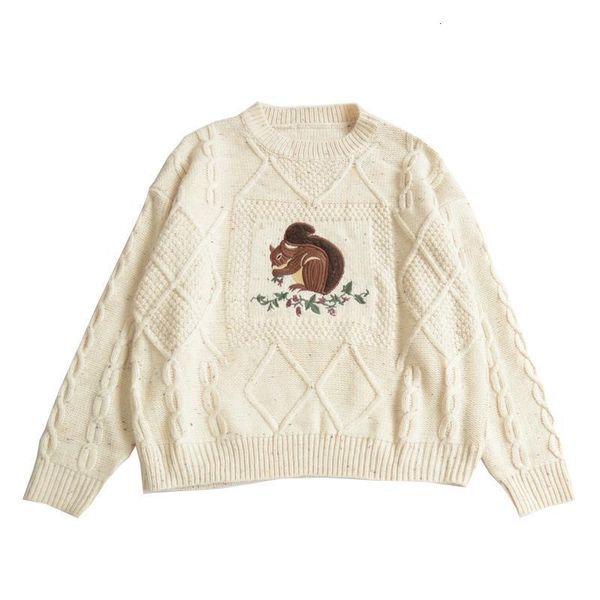 

japanese mori college animal vintage childlike cute squirrel embroidered o neck loose thick sweater girl autumn winter sweater, White;black