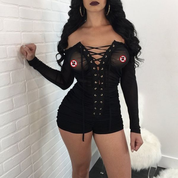 

xllais fall mesh bandage overall for women off the shoulder tie-up black streetwear jumpsuit body mujer elegant plasysuit 201007, Black;white