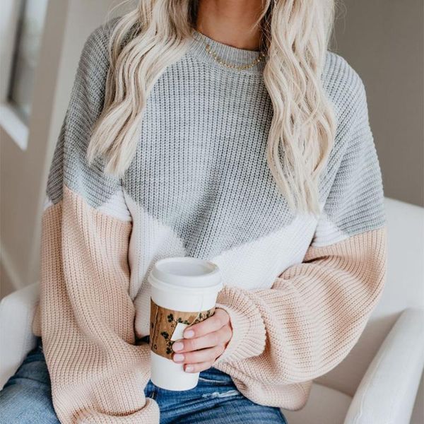 

sweater women patchwork fashion winter autumn knitted sweaters simple loose casual o-neck long sleeve streetwear pullover, White;black