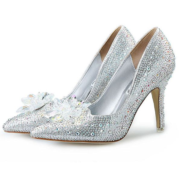 

high heels cinderella wedding shoes women crystal thin heeled pointed bridal shoes large size red for party gxf-9766-1 0928, Black