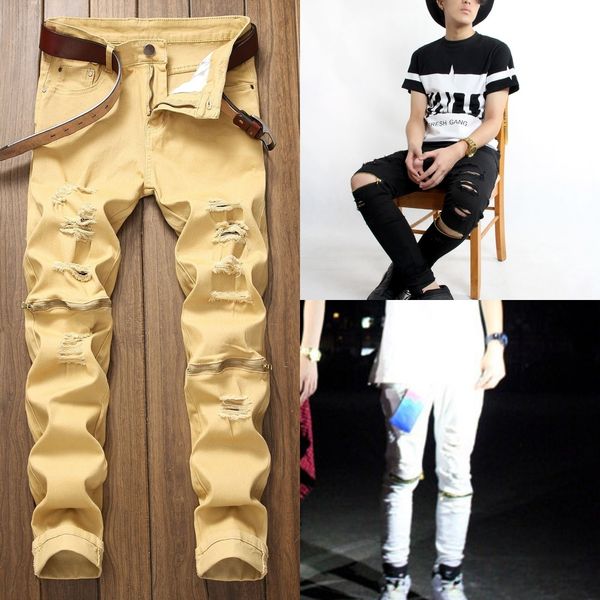 

5nqkq мужских декоративных брюки случайные стрейчи джинсовое колено многоцветное открытая для мужчин декоративного zipperzipper отверстие сл, Blue