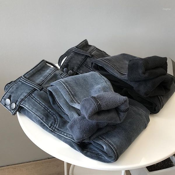 

slim jeans pants women 2020 autumn winter new fleece warm pencil feet cropped pant female korean style streetwear buttons jean1, Blue