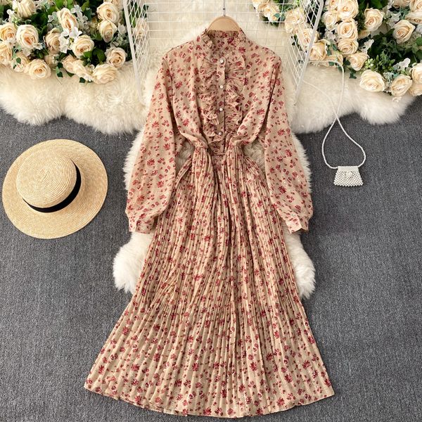 

2021 new singiny feminine floral sweet collar ruffled button to line dressed bohemian autumn impression dress ib1x, Black;gray