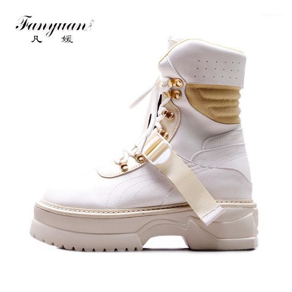 

boots fanyuan autumn winter shoes woman platform lace up square heels genuine leather women designer knight ankle boots1, Black