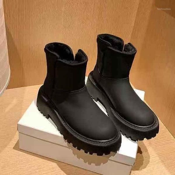 

snow boots women's short boots new mid-heel waterproof platform plus velvet thick cotton shoes student warm shoes401, Black