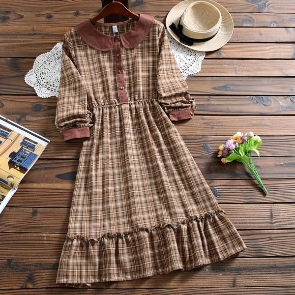 

mori girl cute kawaii fashion plaid dress autumn style peter pan collar long sleeve casual dress for lady, Black;gray