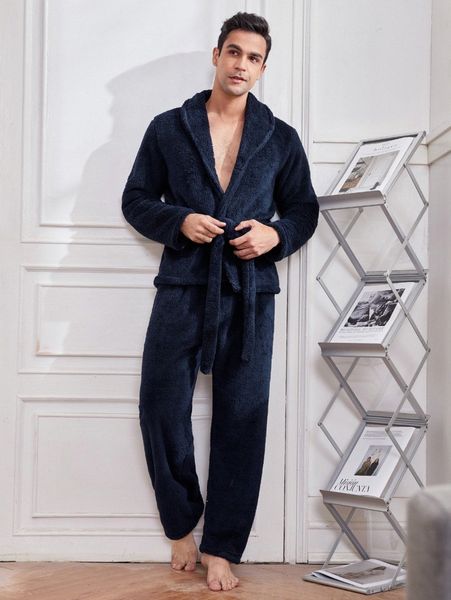 

men shawl collar belted flannel lounge set h4i3#, Black;brown