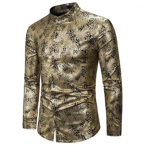

shiny gold paisley shirt men 2020 brand nightclub mandarin collar dress shirt mens party bar wedding tuxedo shirts camisa hombre1, White;black
