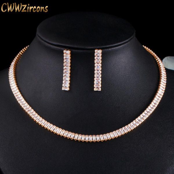 

cwwzircons shiny elegant white baguette cubic zirconia african gold color women wedding necklace earring brides jewelry set t505, Silver