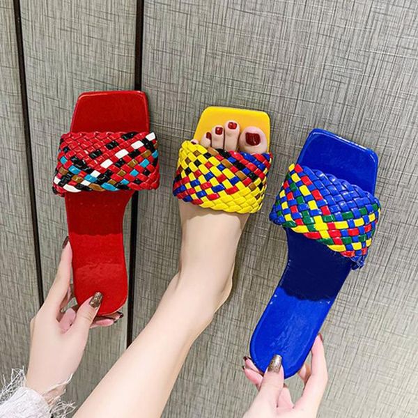 

women slippers summer flats big size ladies square toe female casual color weave slides woman comfortable shoes women's footwear, Black