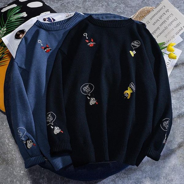 

autumn and winter sweater men 2020 pullover male o-neck korean fashion black cartoon couple wear loose thick bottoming shirt1, White;black