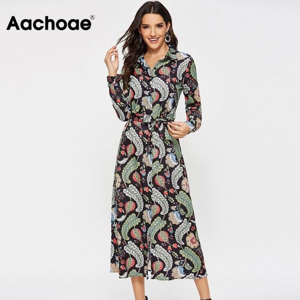 

aachoae women casual printed shirt dress 2020 vintage long sleeve bandage dresses female office turn down collar dress vestidos lj201202, Black;gray