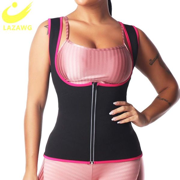 

waist support lazawg women sweat sauna shirt shapewear trainer slimming corset tummy control thermal body shapers gym vest suits zipper, Black;gray