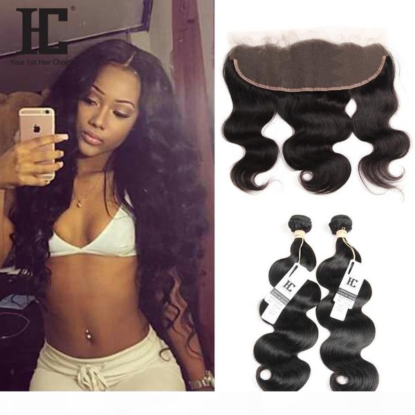 

hc hair brazilian body wave virgin 2pcs human hair wefts bundles with 1pcs 13*4 ear to ear lace frontal closure 100% unprocessed hair, Black