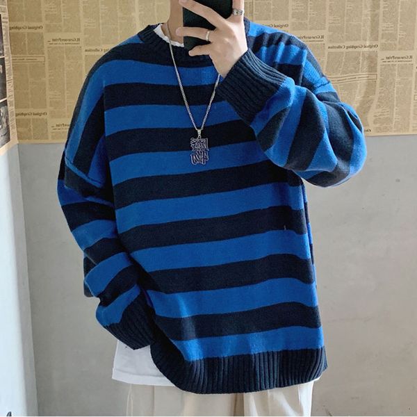 

men streetwear striped casual knitted sweater korean collage autumn pullover male o-neck oversize sweater fashions, White;black