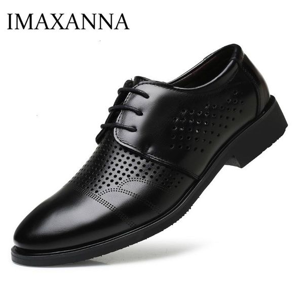 

imaxanna 2020 new men shoes breathable genuine leather oxfords shoes men business dress lace up footwear, Black