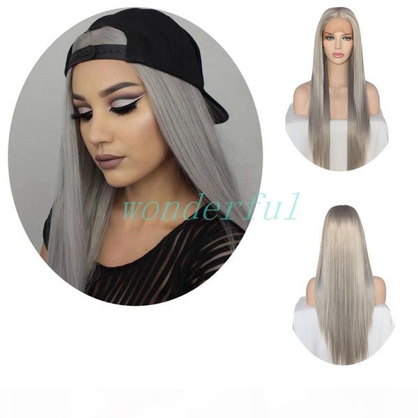 

hand tied natural long silky straight silver grey color high density heat resistant synthetic lace front wigs, Black