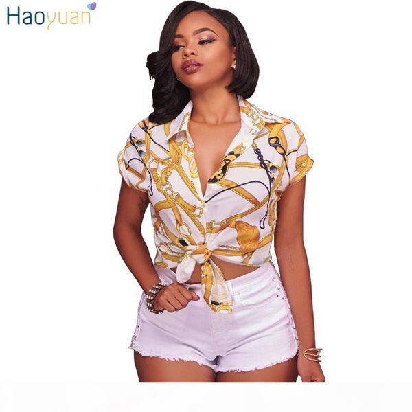 

haoyuan women blouse blusas chain printed 2017 fashion chemisier femme short sleeve shirts casual black white blouses q1110