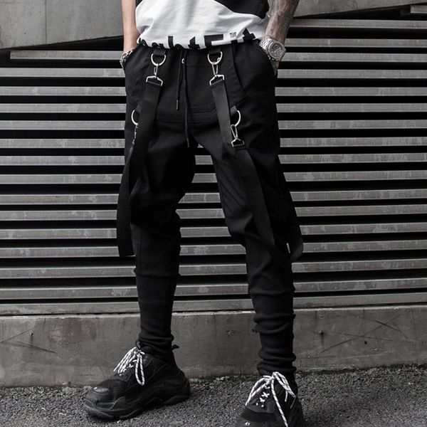 

2020 men multi pockets hip hop punk harem pants ribbons streetwear mens casual joggers elastic waist cargo trousers, Black