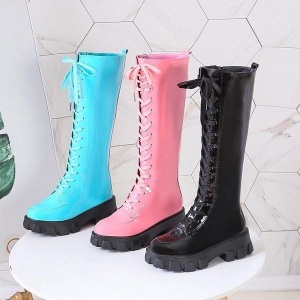 

new women over the knee boots ladies fashion retro med heels warm thick heels lace up shoes long autumn and winter boots pink, Black