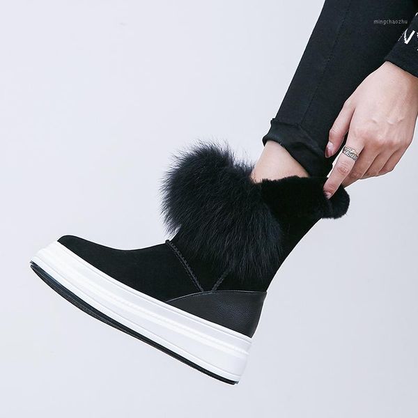 

boots snow women's winter shoes cow suede natural fur sweet gorgeous keep warm mid-calf botas mujer1, Black
