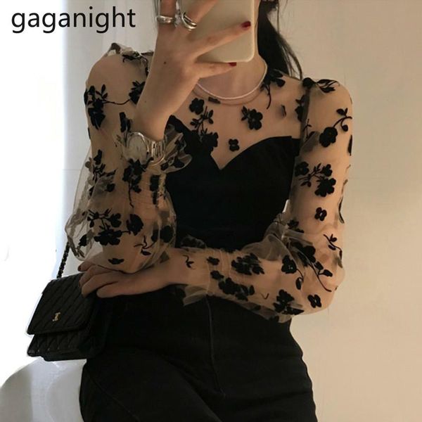 

gaganight women mesh flower blouse long sleeve o neck vintage lady chic korean shirt patchwork blouses fashion blusas new, White