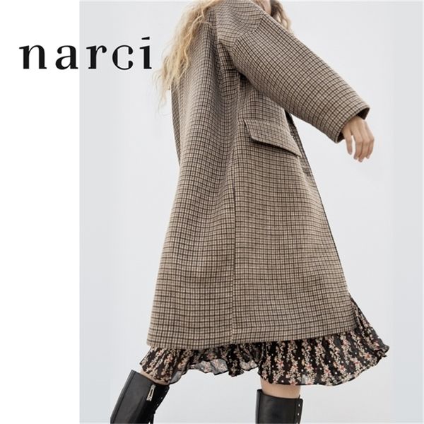 

narci new womens checked long coat for winter spring ladies houndstooth plaid coat brown turn down collar loose overcoat 201214, Black