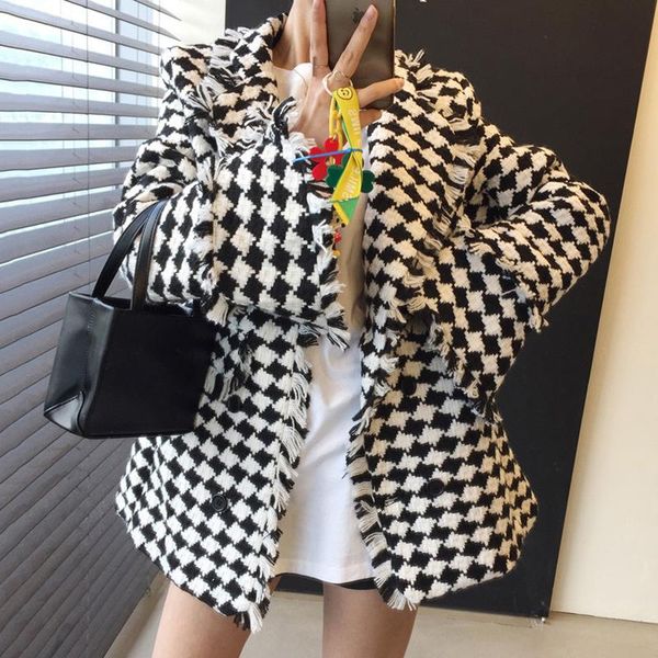 

women's wool & blends [ewq] 2021 autumn winter female turn-down collar long-sleeved minimalist patchwork panelled plaid tassel woolen s, Black