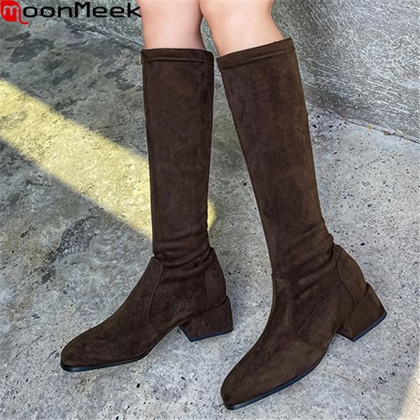 

boots moonmeek 2021 plus size 33-43 women med heels square toe solid color knee high keep warm winter dark brown1, Black