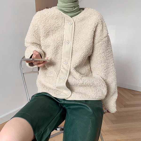 

yeeloca winter thickened lamb wool short coat women's casual single-breasted solid coat korean straight loose warm winter, Black