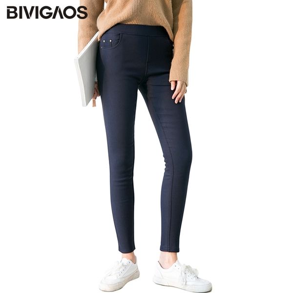 

bivigaos new women's autumn winter thickening warm pencil pants gold velvet elastic studs pocket leggings pants plus size pants y200418, Black;white