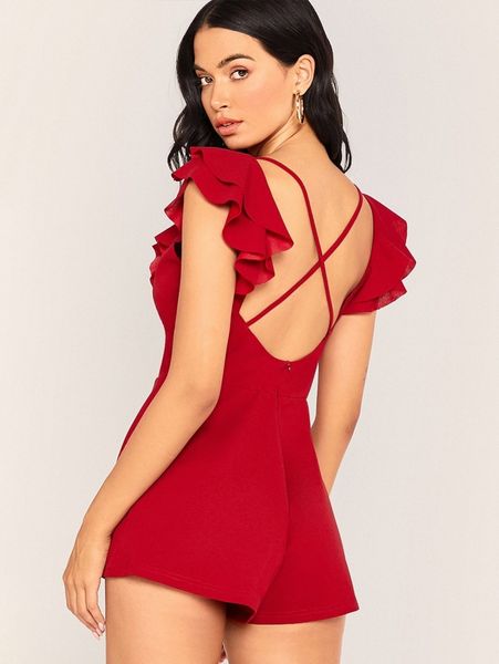 

criss-cross backless ruffle trim mini romper l4ic#, White