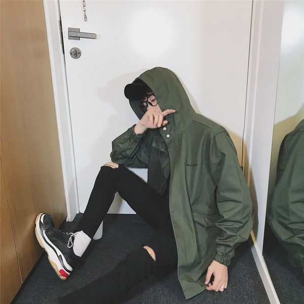 

autumn clothes with cotton thickened aberdeen literature and art men's mid long windbreaker hooded jacket fashion, Tan;black