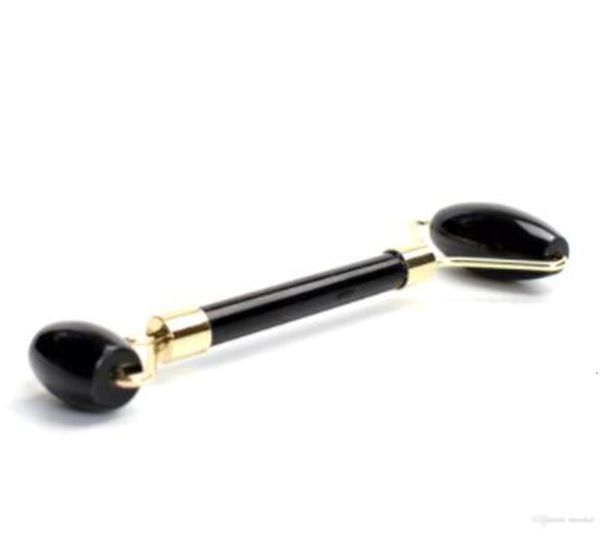 

reiki natural tumbled crystal black obsidian carved healing gua sha beauty roller facial massor stick with alloy gold-plated