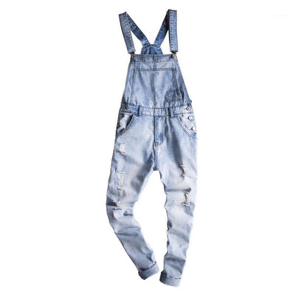 

jeans men 2020 men's light blue thin section washed denim jumpsuit casual hole bib men's suspenders size s-5xl1