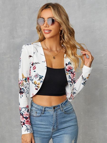 

floral print open front crop blazer z3vr#, White;black