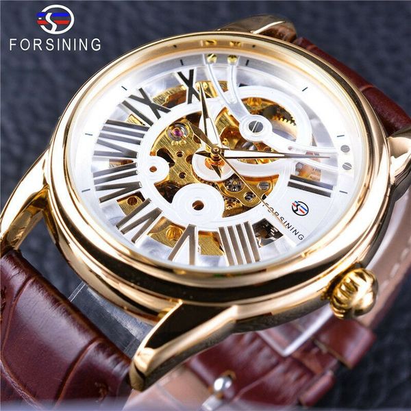 

new forsining fusini foreign trade popular style cross-border automatic hollow mechanical watch mens leather belt watch wristwatches, Slivery;brown