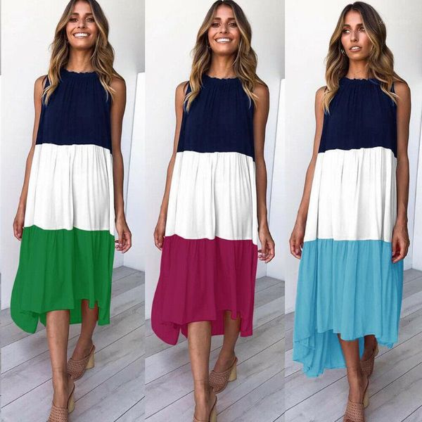 

fashion women summer sleeveless long maxi dress ladies casual beach party sundress boho loose holiday dress1, Black;gray