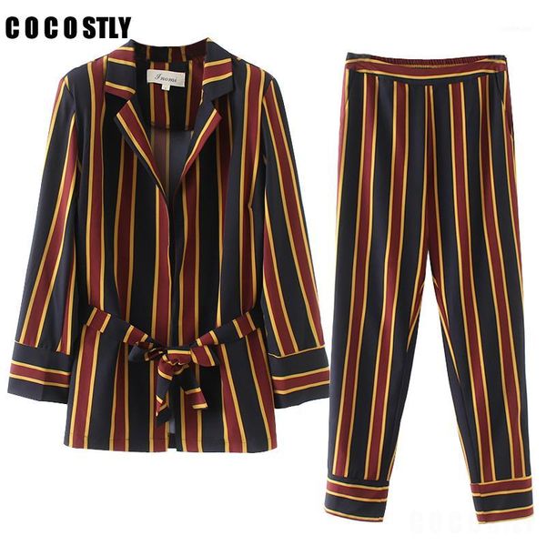 

2020 autumn pant suits women striped print blazer high waist small straight pants women long sleeve suits 2 pieces set1, White