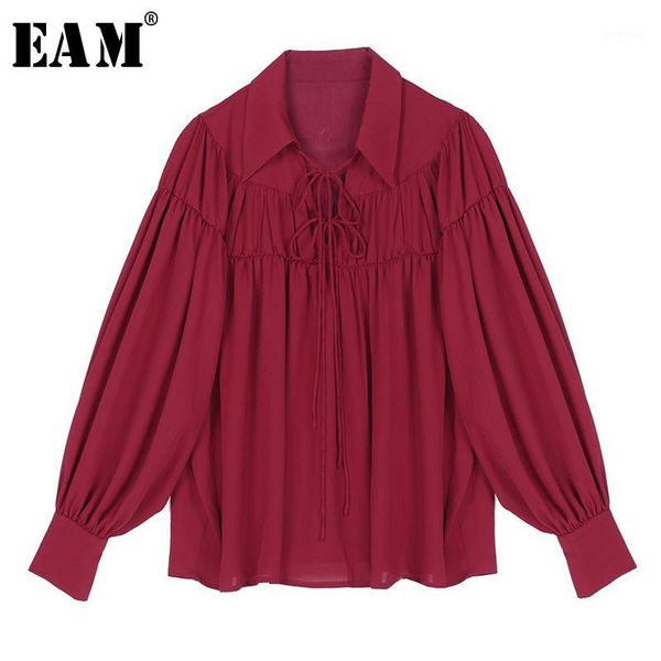

eam] women white bandage pleated temperament blouse new lapel long sleeve loose fit shirt fashion tide spring autumn 2020 1r5451