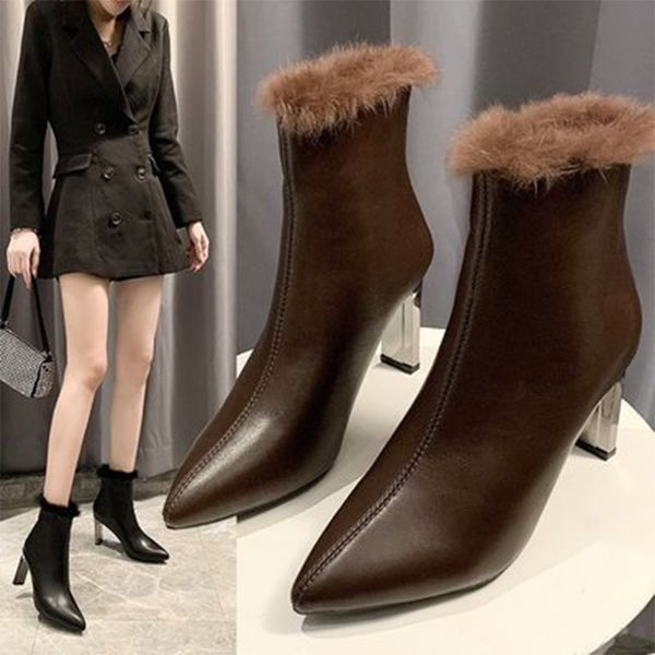 

woman skin ankle boots elegant toe ladies pointed teddy finger short booty fashion female zip pump casual women's winter shoes z4r3, Black