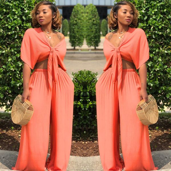 

горячие стили две штуки широкие брюки для ног устанавливает v-образным вырезом с короткими рукавами бантина на кружев с коротким рукавом, Gray