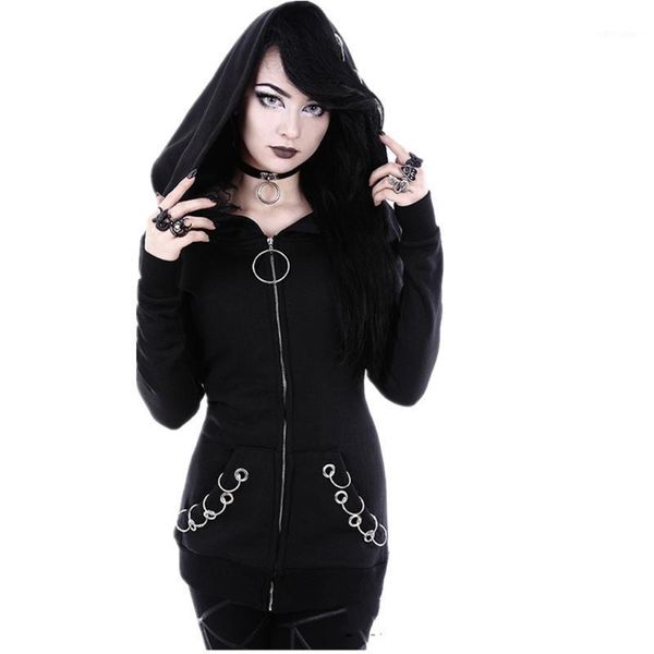 

women jacket coat fashion black jacket loose gothic punk long sleeve hooded overcoat zipper female overwear jaqueta feminina #271