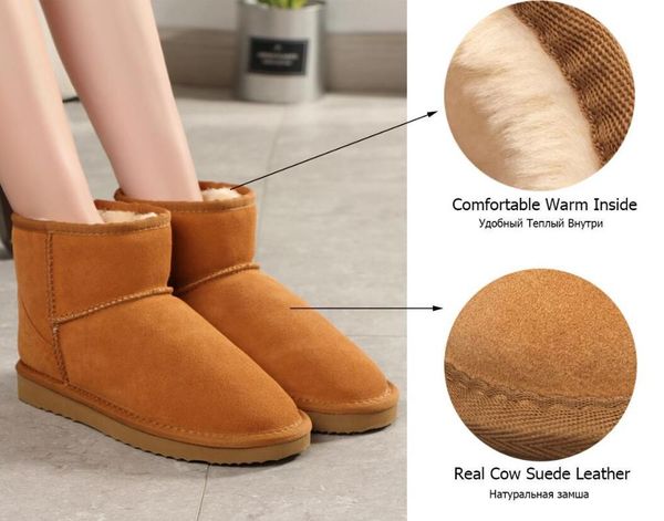 

australia women snow boots 100% genuine cowhide leather ankle boots warm winter woman shoes large size 34-44 no box, Black